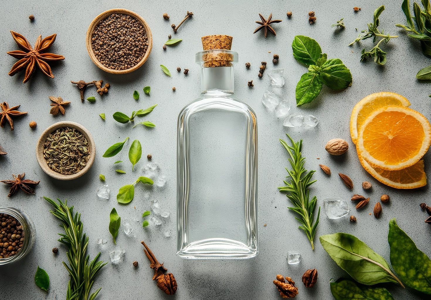 abv of gin botanicals empty bottle laid on table