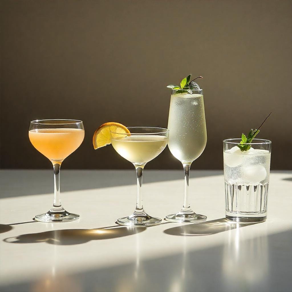 Four elegant cocktails displayed on a sunlit surface, each in a different style of glass—one orange-hued, one with a lemon garnish, one in a flute with mint, and one over ice with a mint sprig.