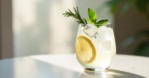 A refreshing cocktail in a rounded glass with ice, a lemon wheel, and garnishes of rosemary and mint, sitting on a white table in soft natural light.
