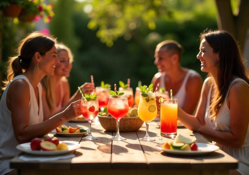 Four women sit around a wooden outdoor table, laughing and enjoying colorful fruity cocktails on a sunny day. Plates of fresh fruit and garnished drinks are spread across the table, with greenery and soft sunlight in the background.