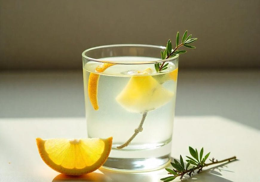 A clear glass filled with a light cocktail, garnished with a lemon wedge and a sprig of rosemary, placed on a sunlit surface with an additional lemon slice and rosemary sprig beside it.
