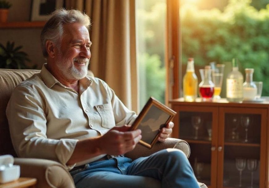 An elderly man with grey hair and a beard sits in a cozy armchair, smiling warmly as he holds a framed photo. Sunlight streams through an open window behind him, illuminating bottles and glasses on a cabinet.