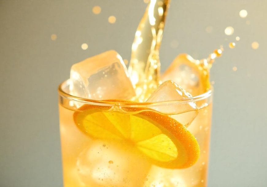 Golden beverage splashing into a glass filled with ice cubes and orange slices, captured mid-pour with bubbles and droplets in the air.