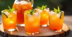 Five glasses of orange-hued iced drinks garnished with mint leaves and citrus slices, arranged on a wooden serving tray with a matching pitcher in the background.